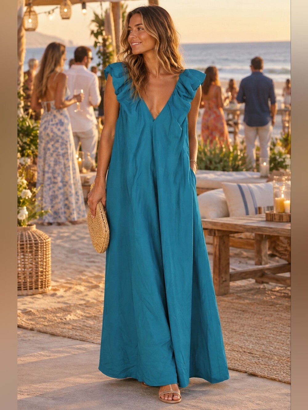 Zara Linen Blend Ruffle Shoulder V-neck Maxi Dress in Teal Beach Women's L NWT